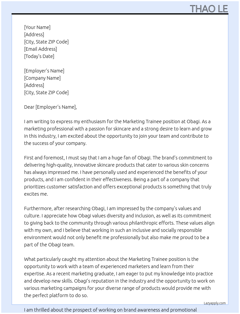 marketing trainee At Obagi Cover Letter