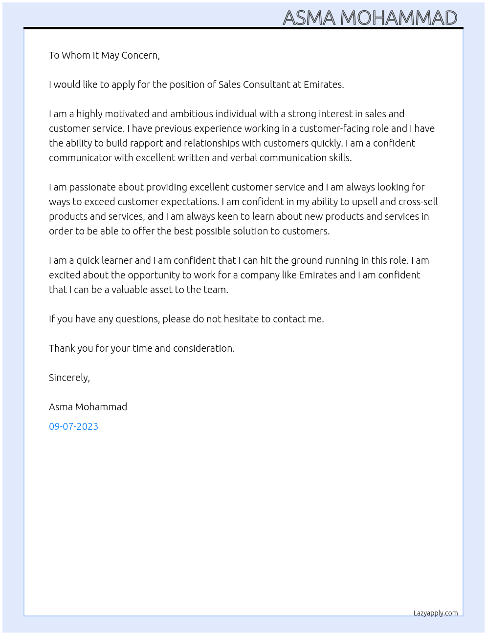 Sales Consultant At Emirates Cover Letter