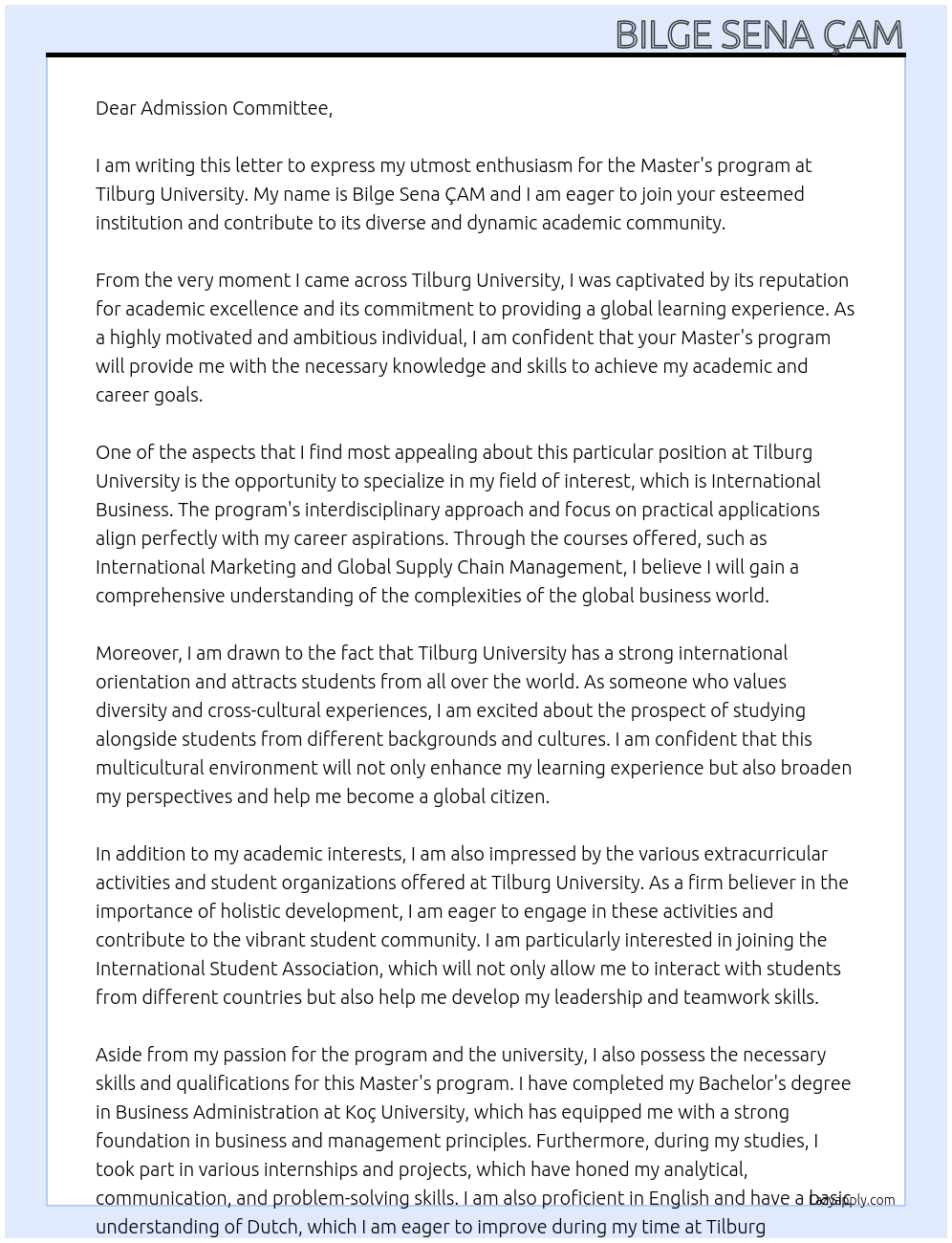 master's program At Tilburg University Cover Letter