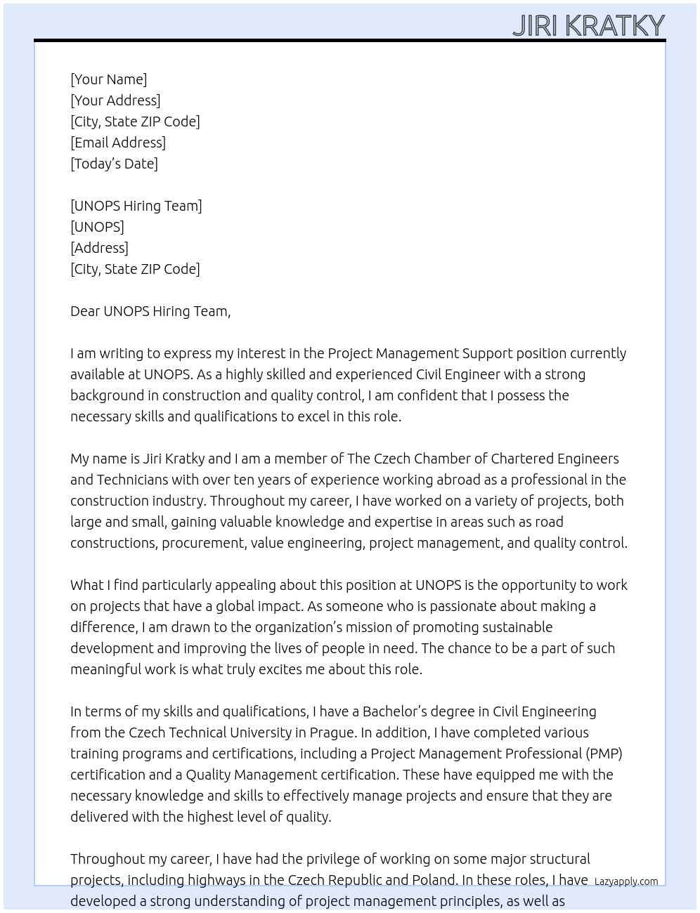 PROJECT MANAGEMENT SUPPORT At UNOPS Cover Letter