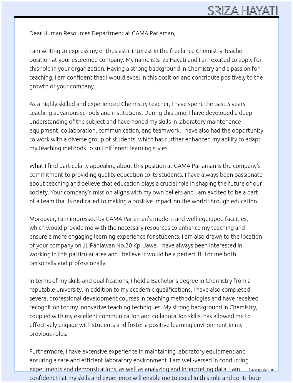 Chemistry Teacher At GAMA Pariaman Cover Letter