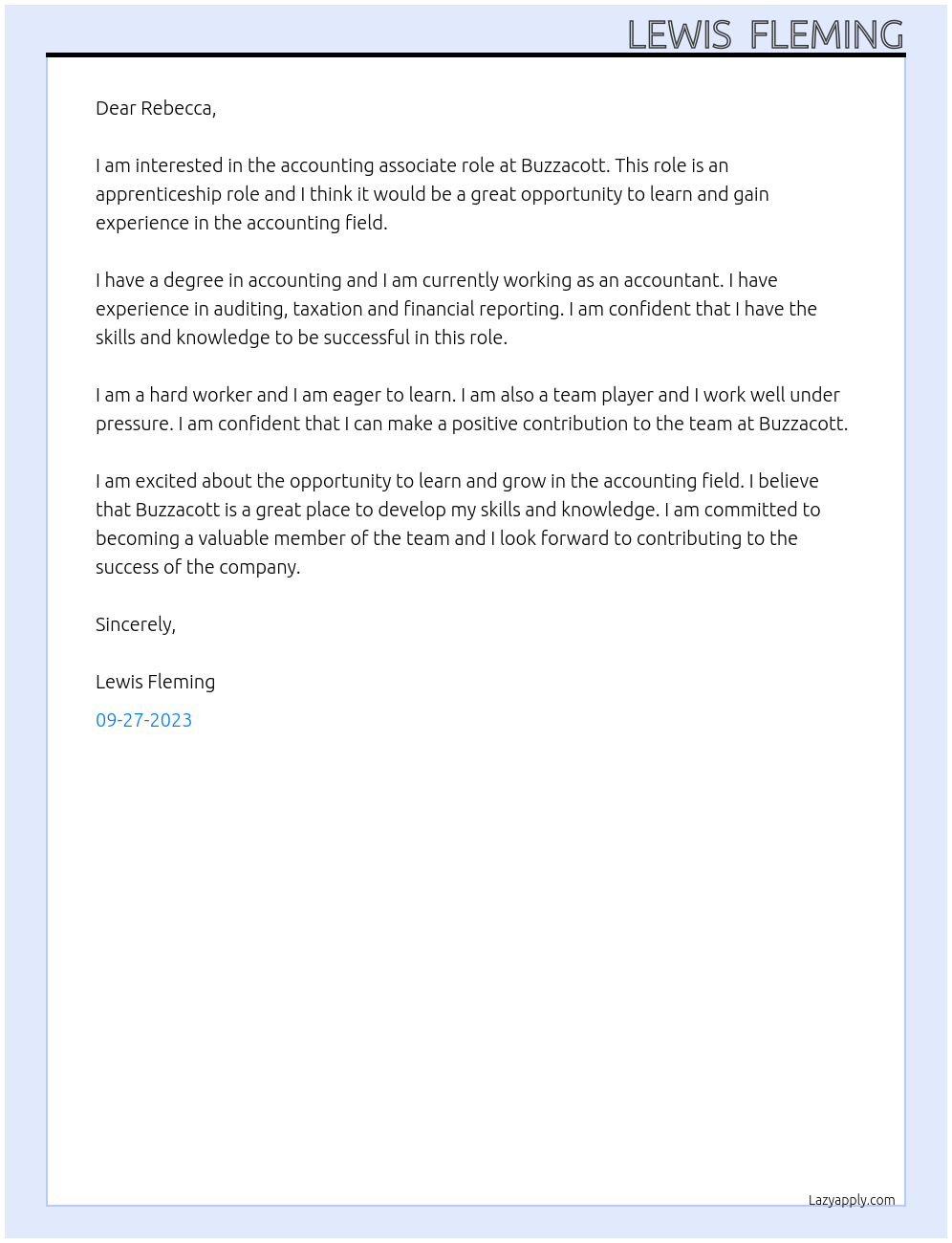 Accounting associate  At Buzzacott Cover Letter