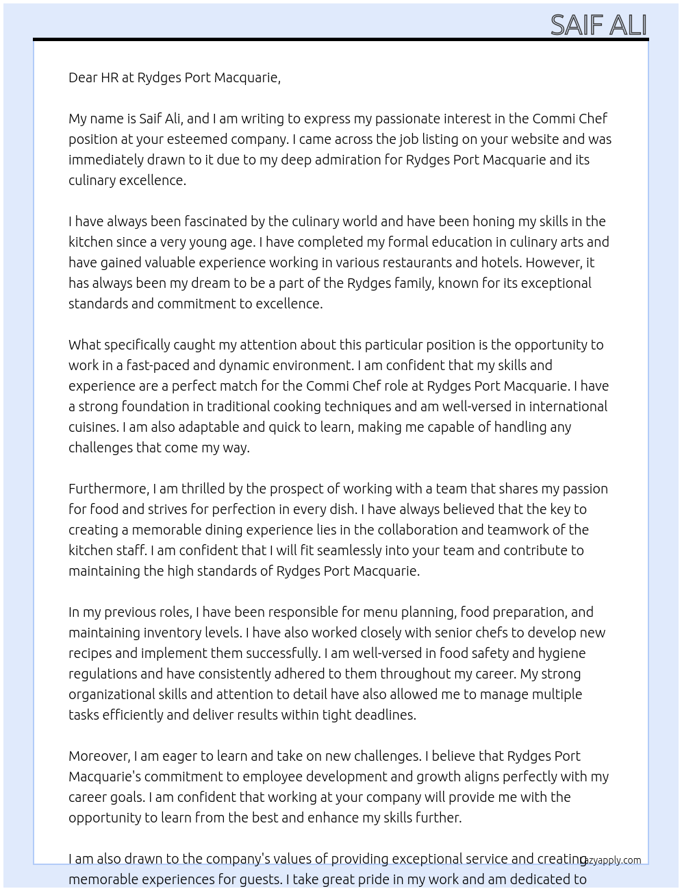 Commi chef  At Rydges port Macquarie  Cover Letter