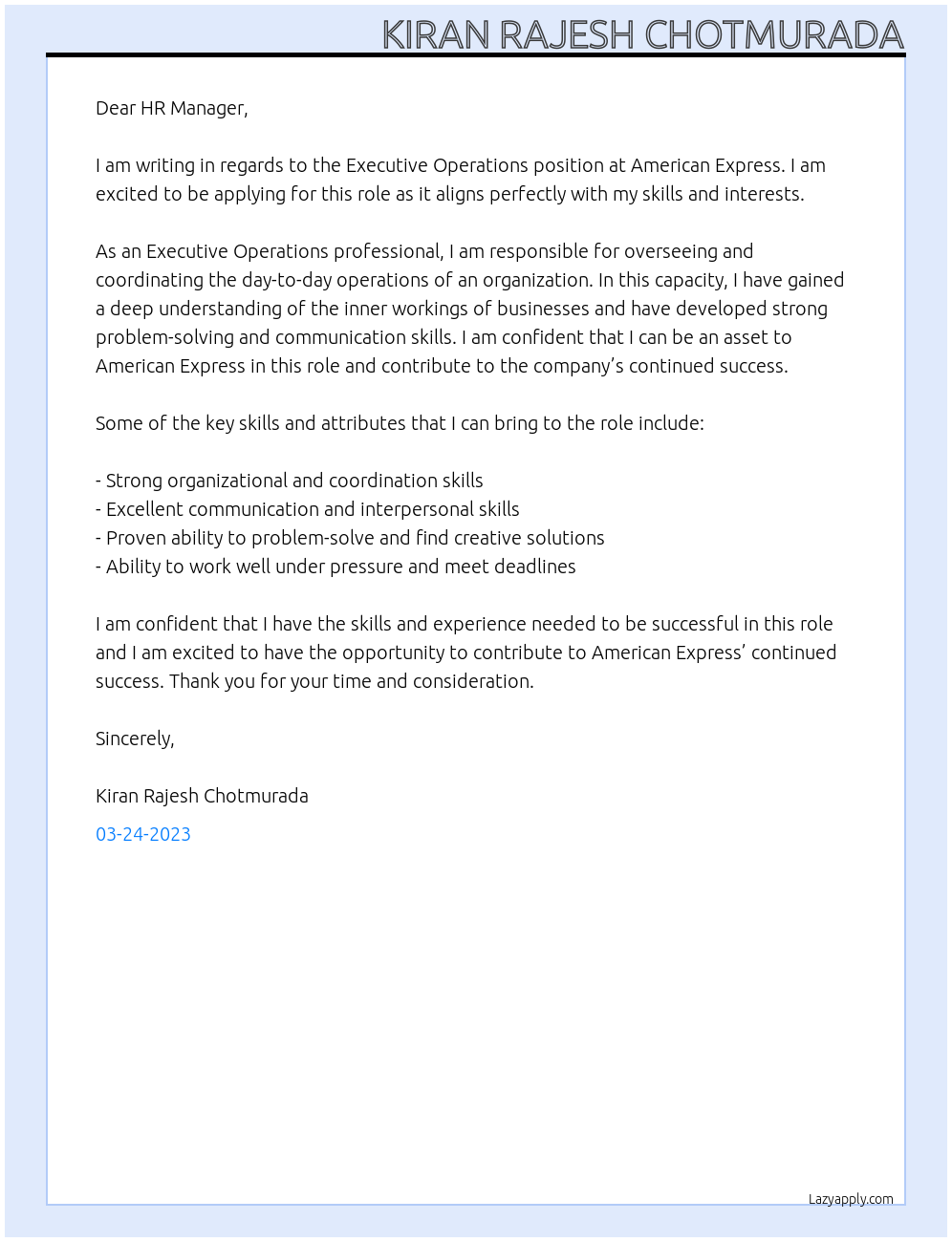 Executive Operations  At American Express  Cover Letter