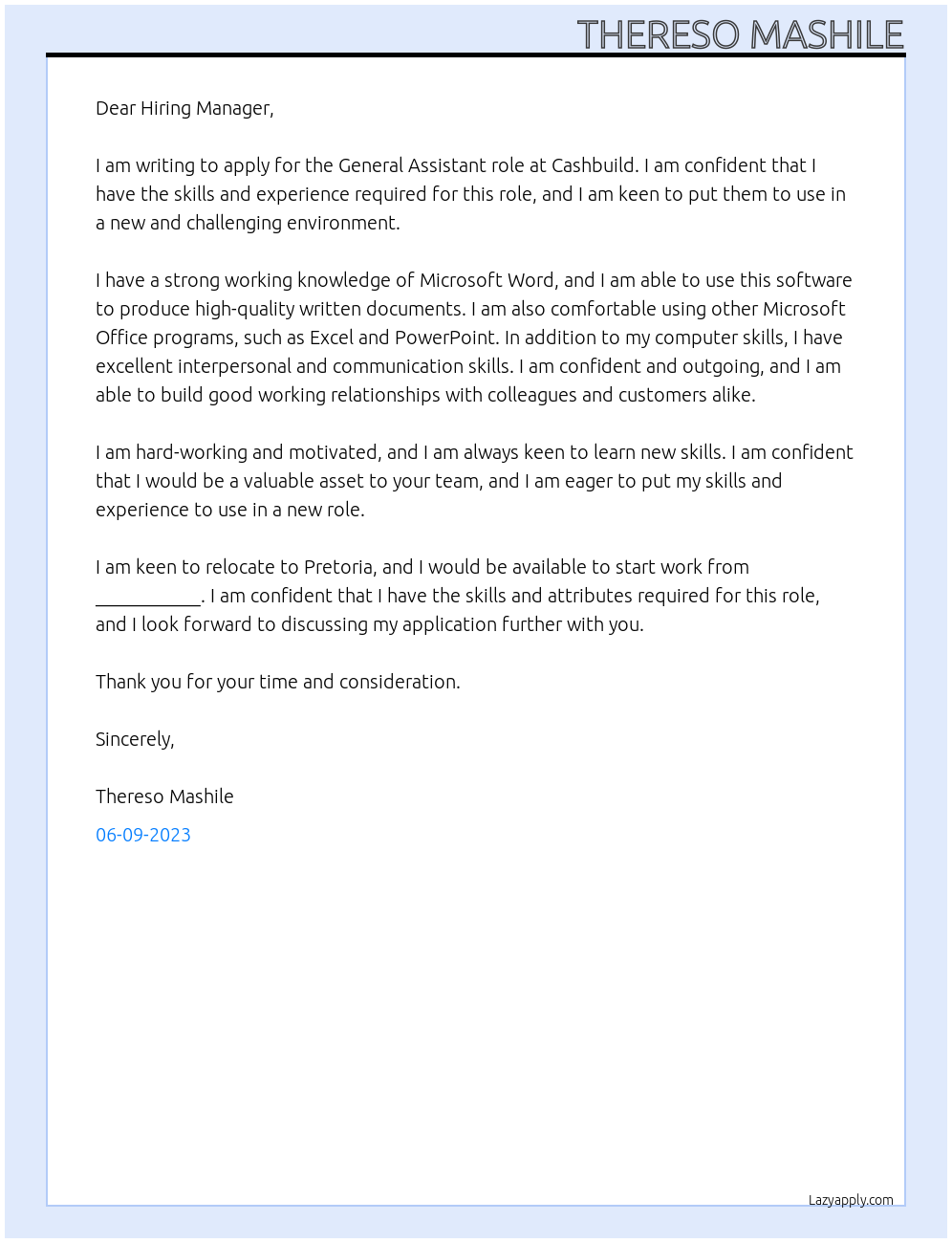 General Assistant At Cashbuild Cover Letter