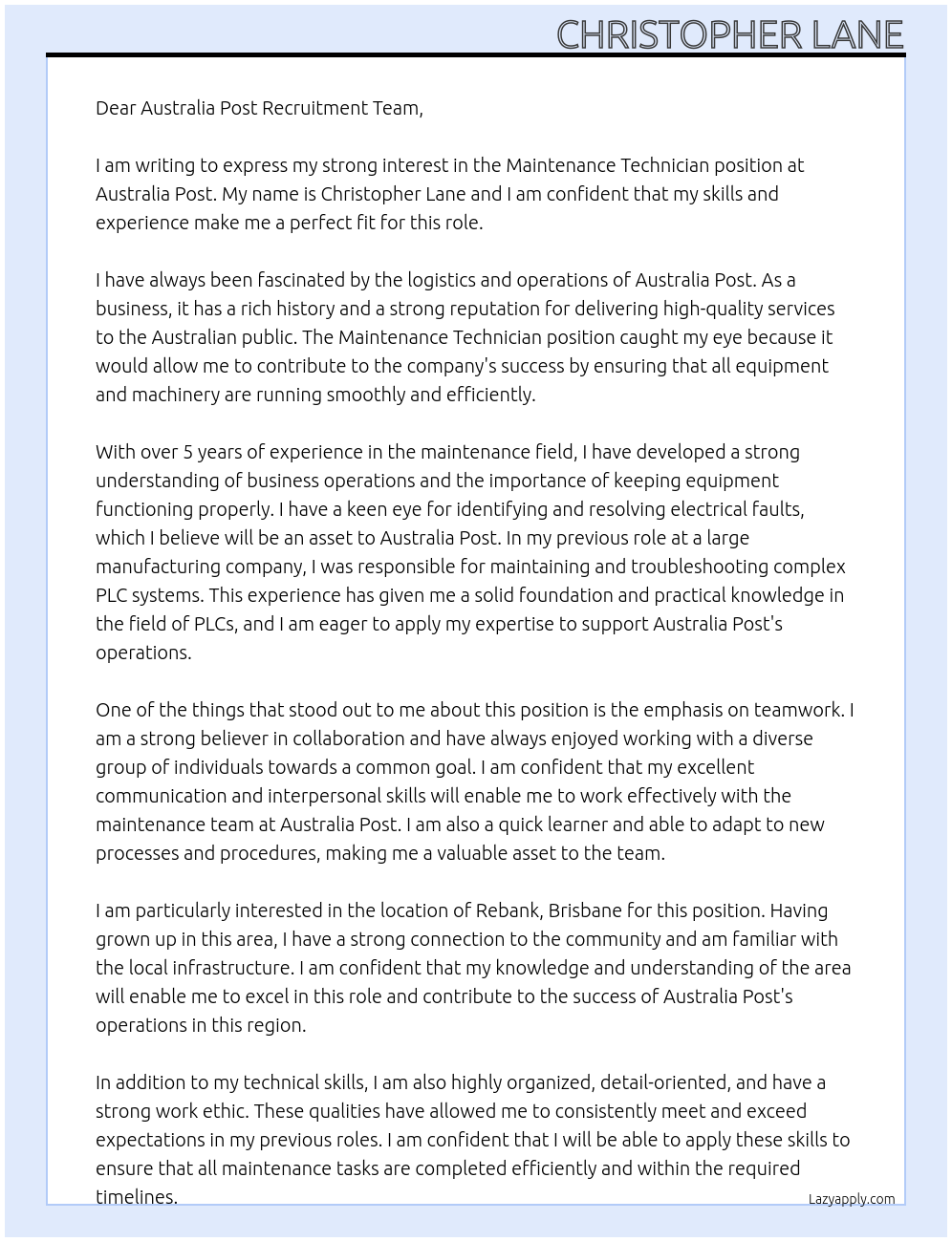 Maintenance Technician At Australia Post Cover Letter