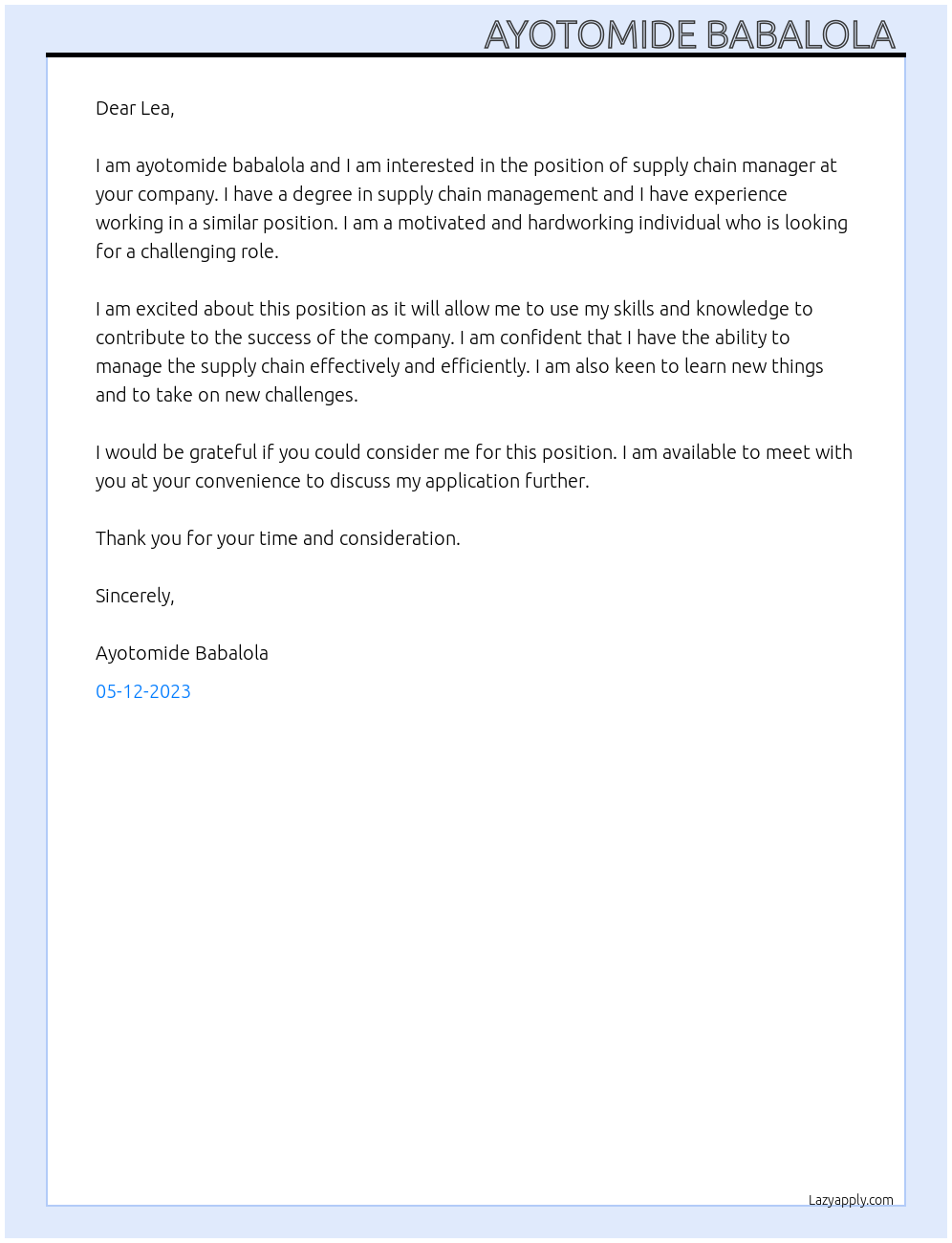 Supply chain manager  At a amd b  Cover Letter