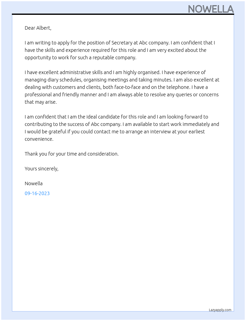 Secretary At Abc company Cover Letter