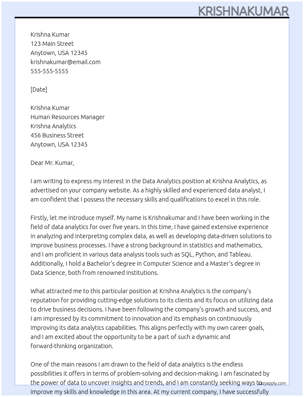 Data Analytics  At Krishna Kumar  Cover Letter