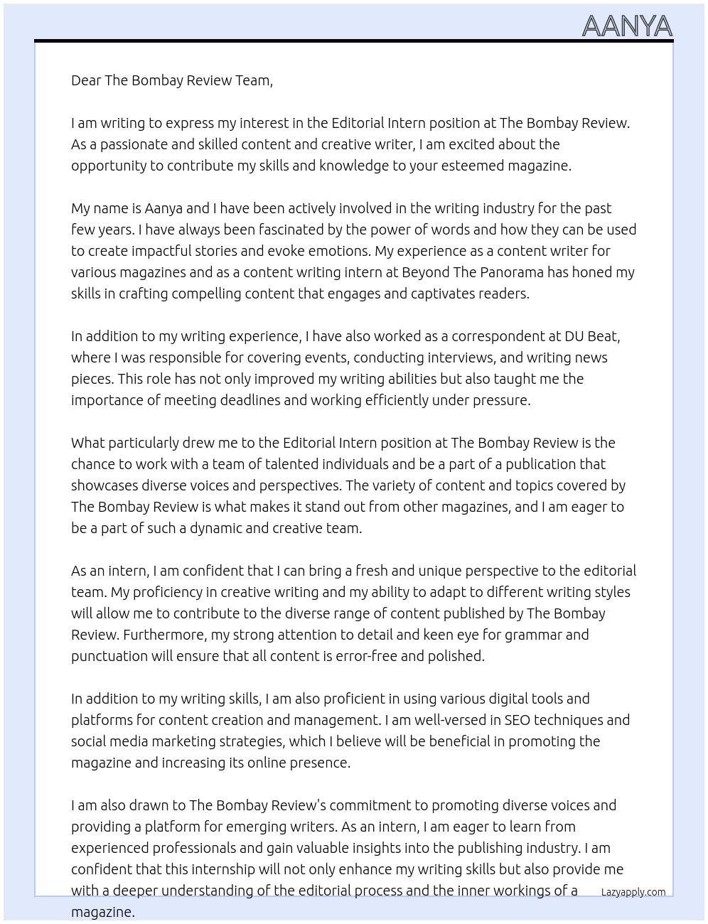 editorial intern At The Bombay Review Cover Letter