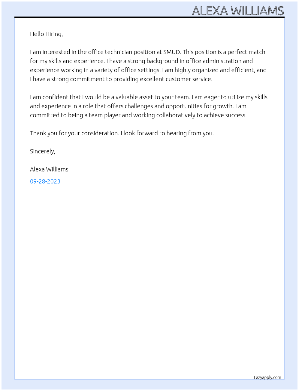 Office technician  At SMUD Cover Letter