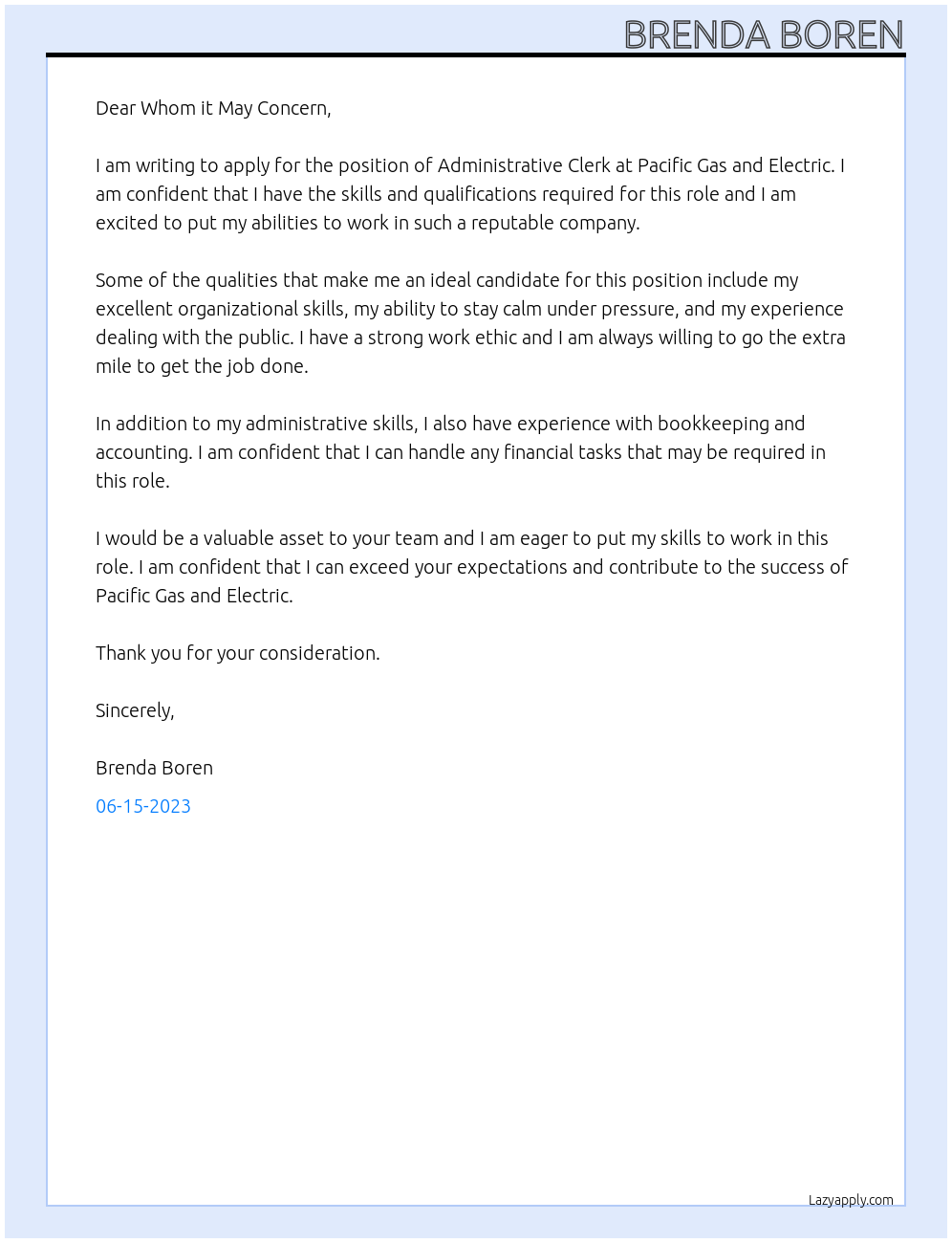 Administrative Clerk At Pacific Gas and Electric Cover Letter