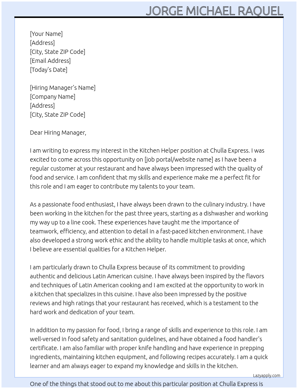 Kitchen Helper At Chulla Express Cover Letter