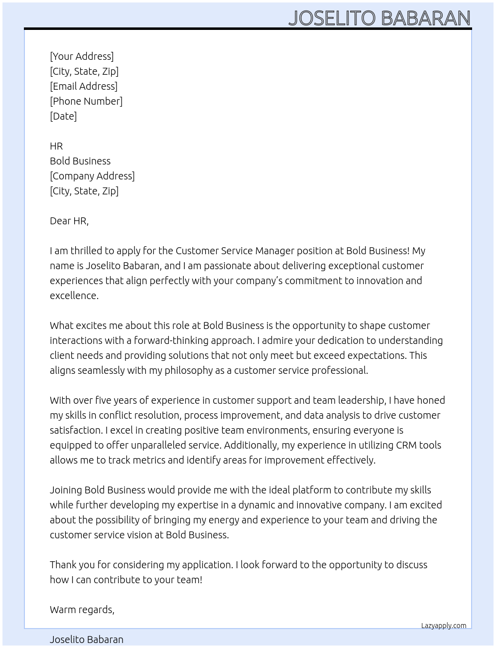 Cover letter for customer service manager - LazyApply