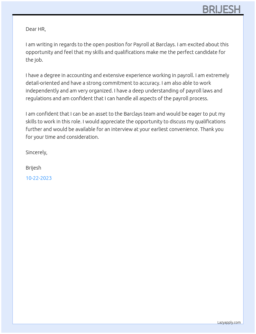 Payroll At Barclays Cover Letter