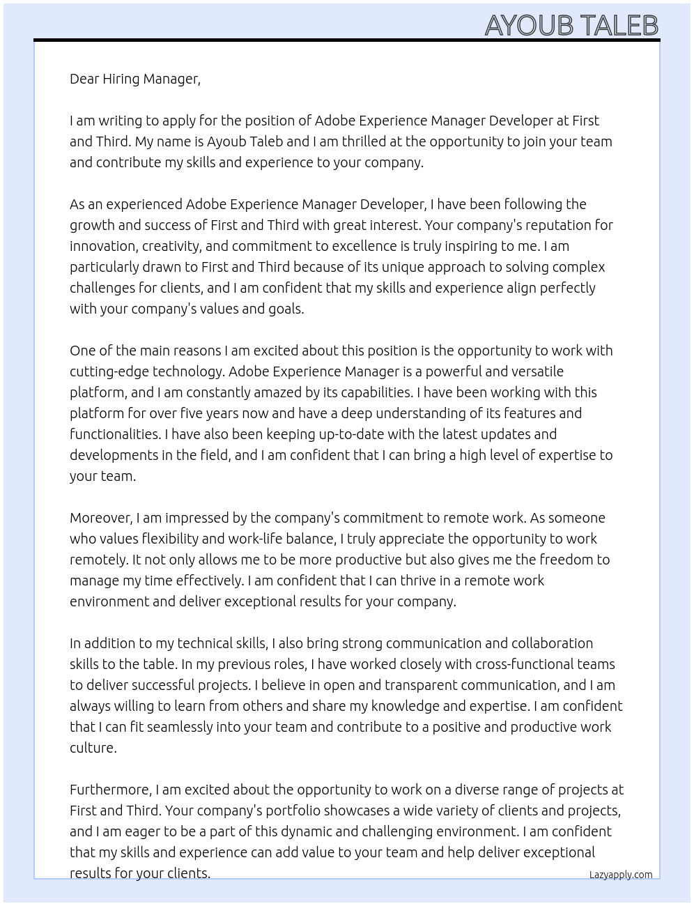 Adobe experience manager developer At First and Third Cover Letter
