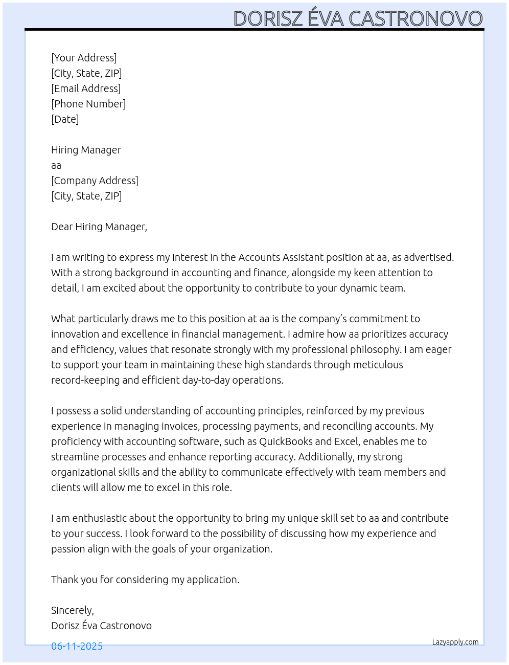 Accounts Assistant At aa Cover Letter