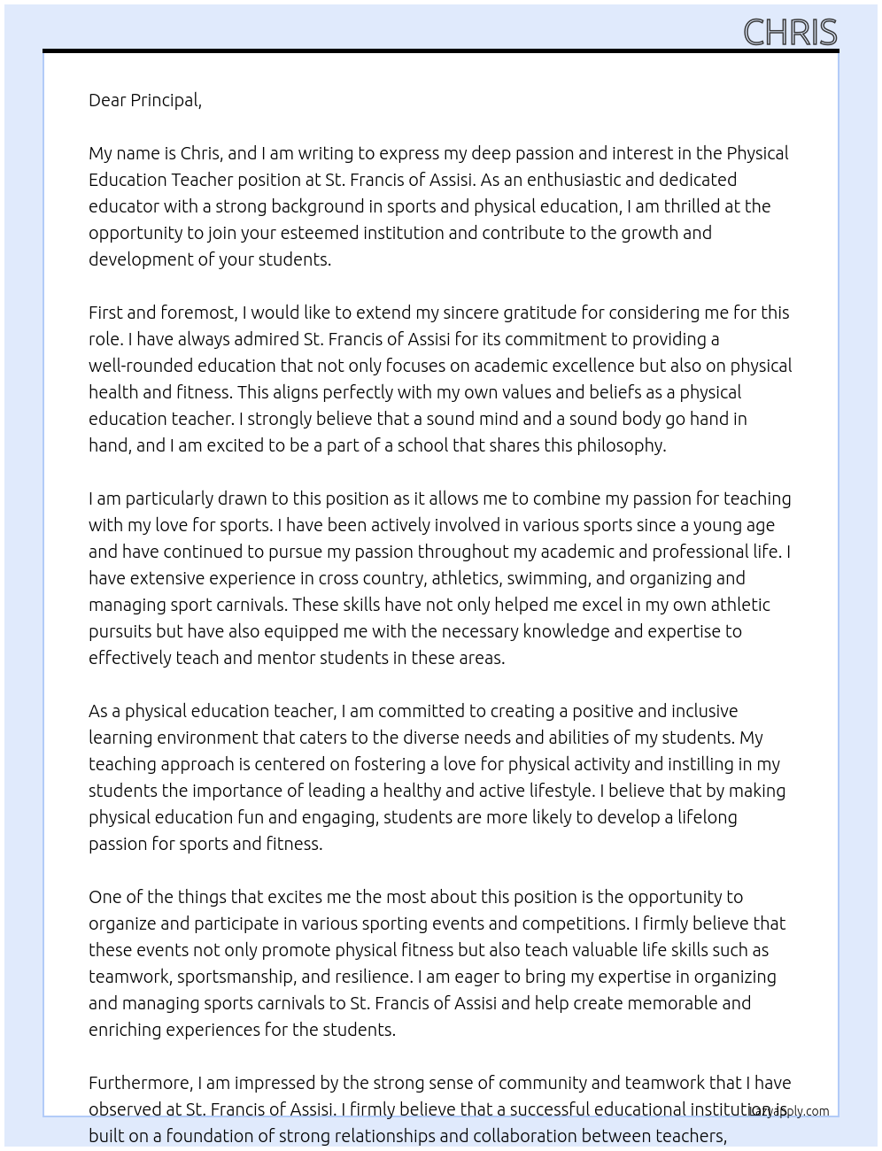 Physical Education Teacher At St. Francis of Assisi Cover Letter