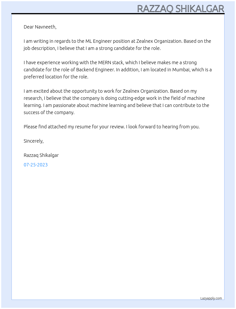 ML Engineer At Zealnex Organization Cover Letter