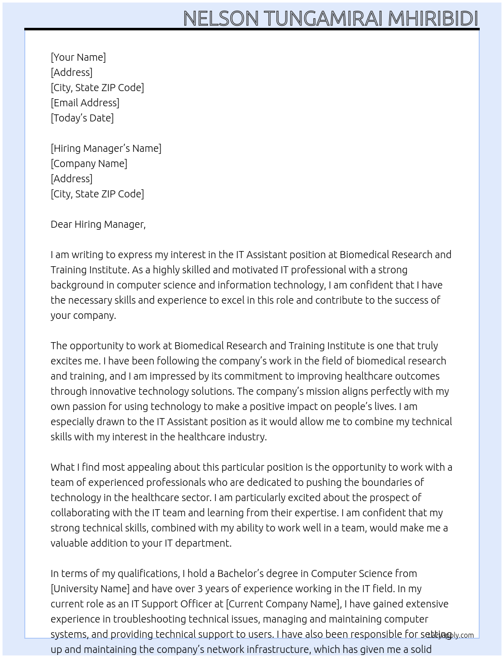 IT Assistant At Biomedical Research and Training Institute Cover Letter