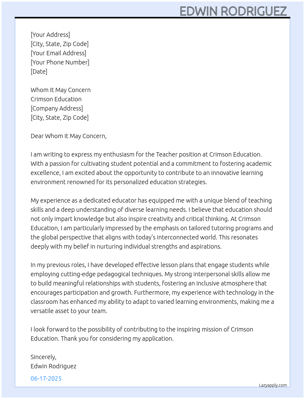 Teacher At Crimson Education Cover Letter