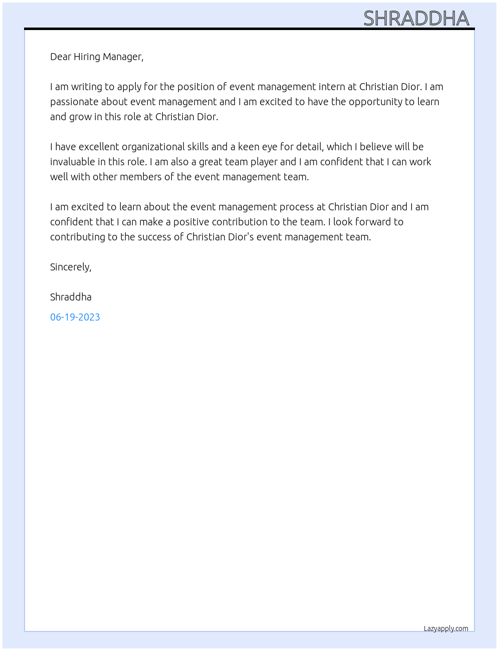 event management intern At Christian Dior Cover Letter