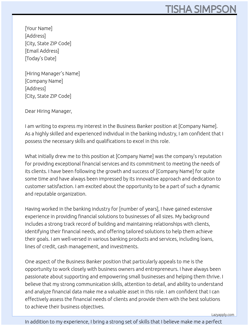 Business Banker At Banking Cover Letter