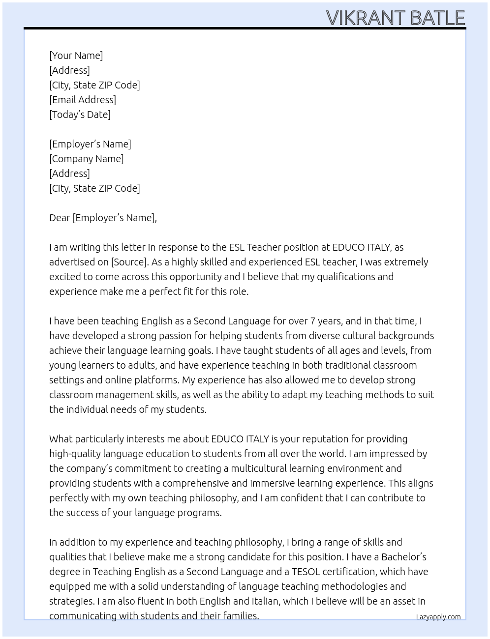 ESL TEACHER At EDUCO ITALY Cover Letter