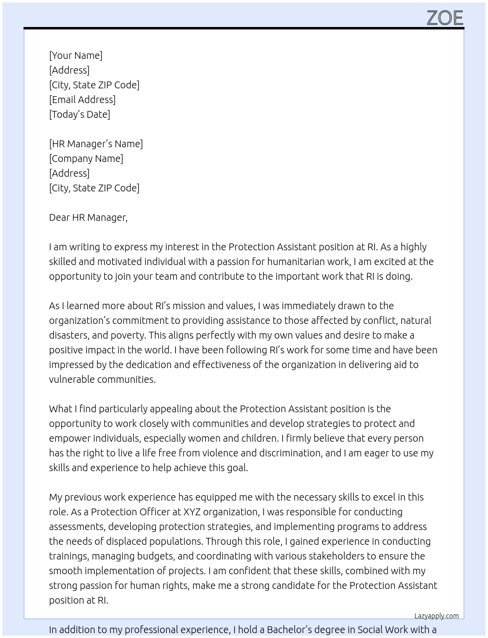 Protection assistant At RI Cover Letter