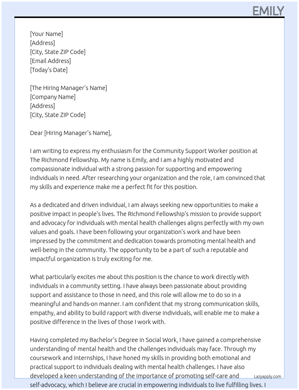 Community Support Worker At The Richmond Fellowship Cover Letter