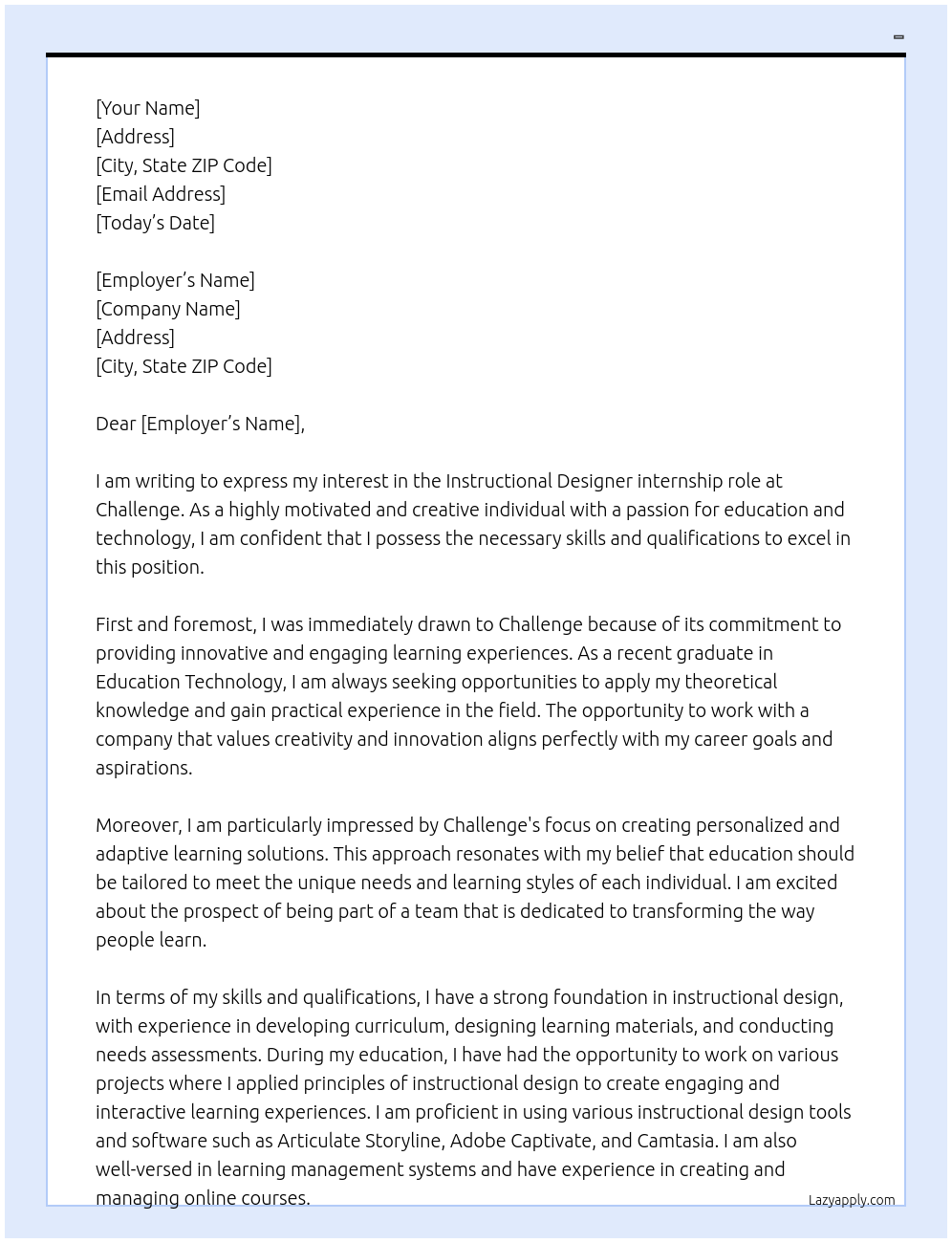 instructional designer At Challenge Cover Letter