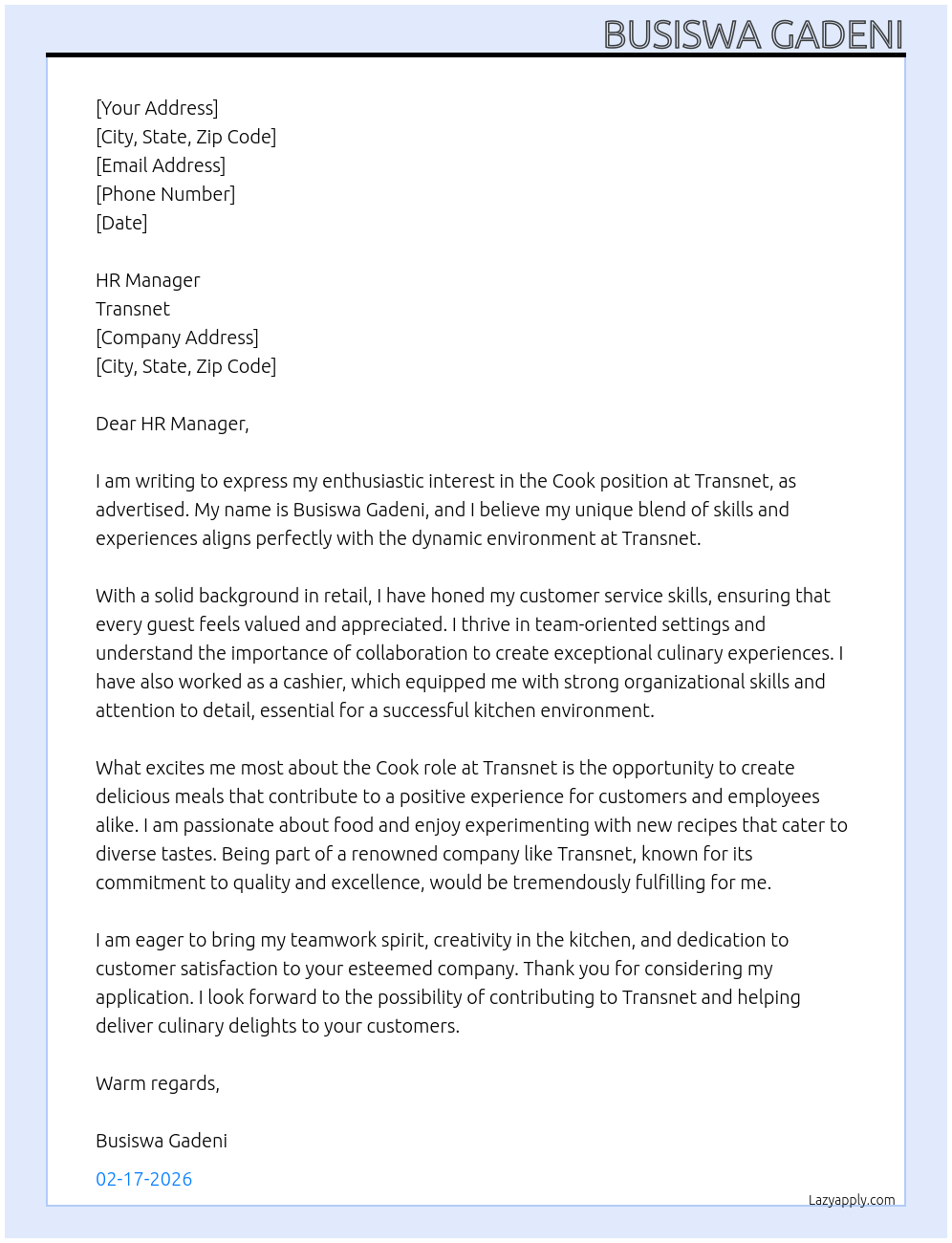 Cook At Transnet  Cover Letter