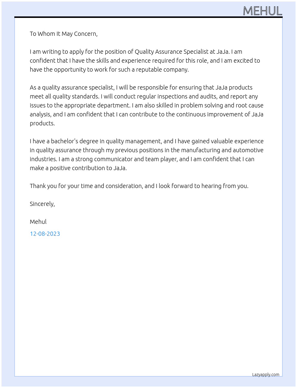 quality assurance specialist At JaJa Cover Letter