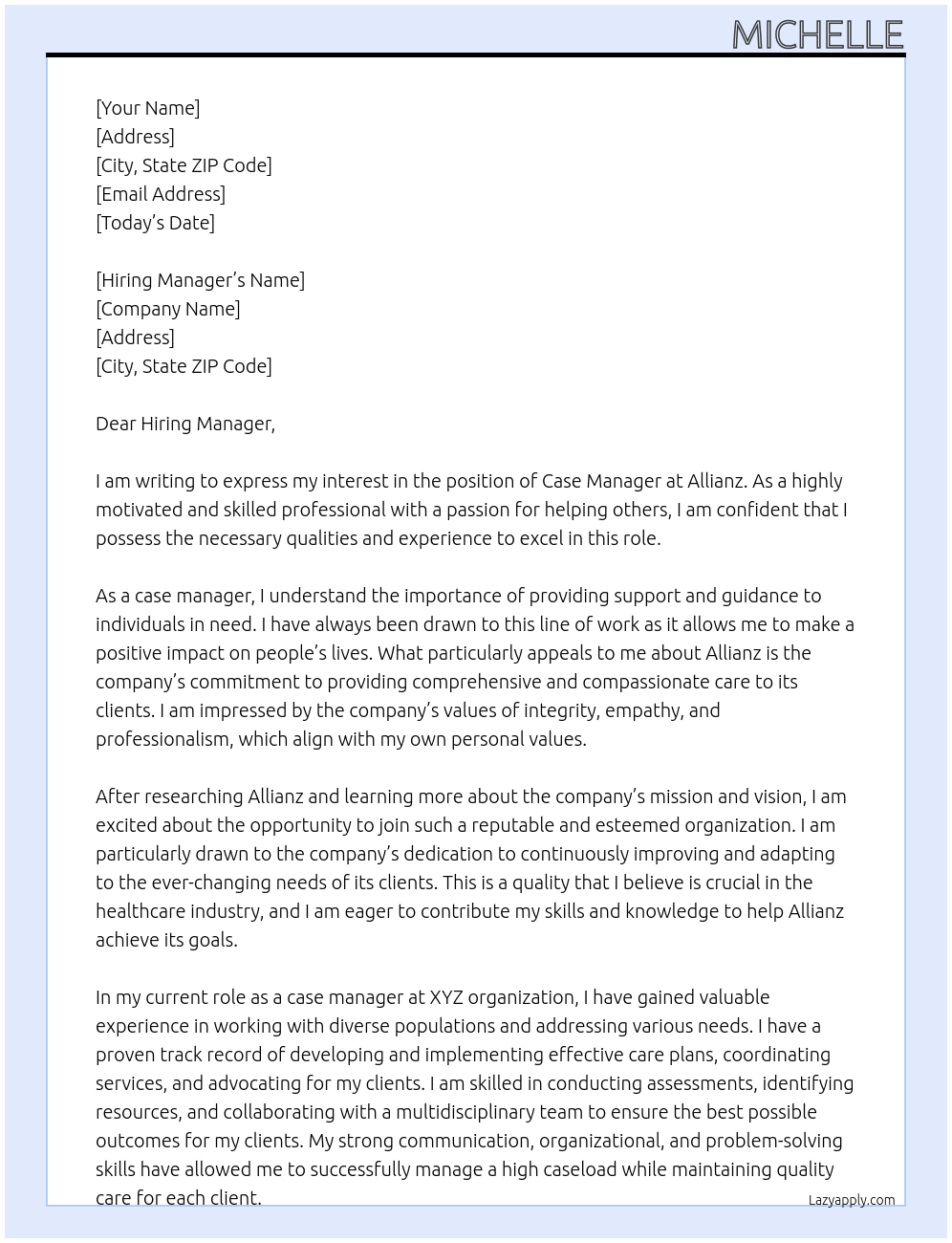 Case Manager At Allianz Cover Letter