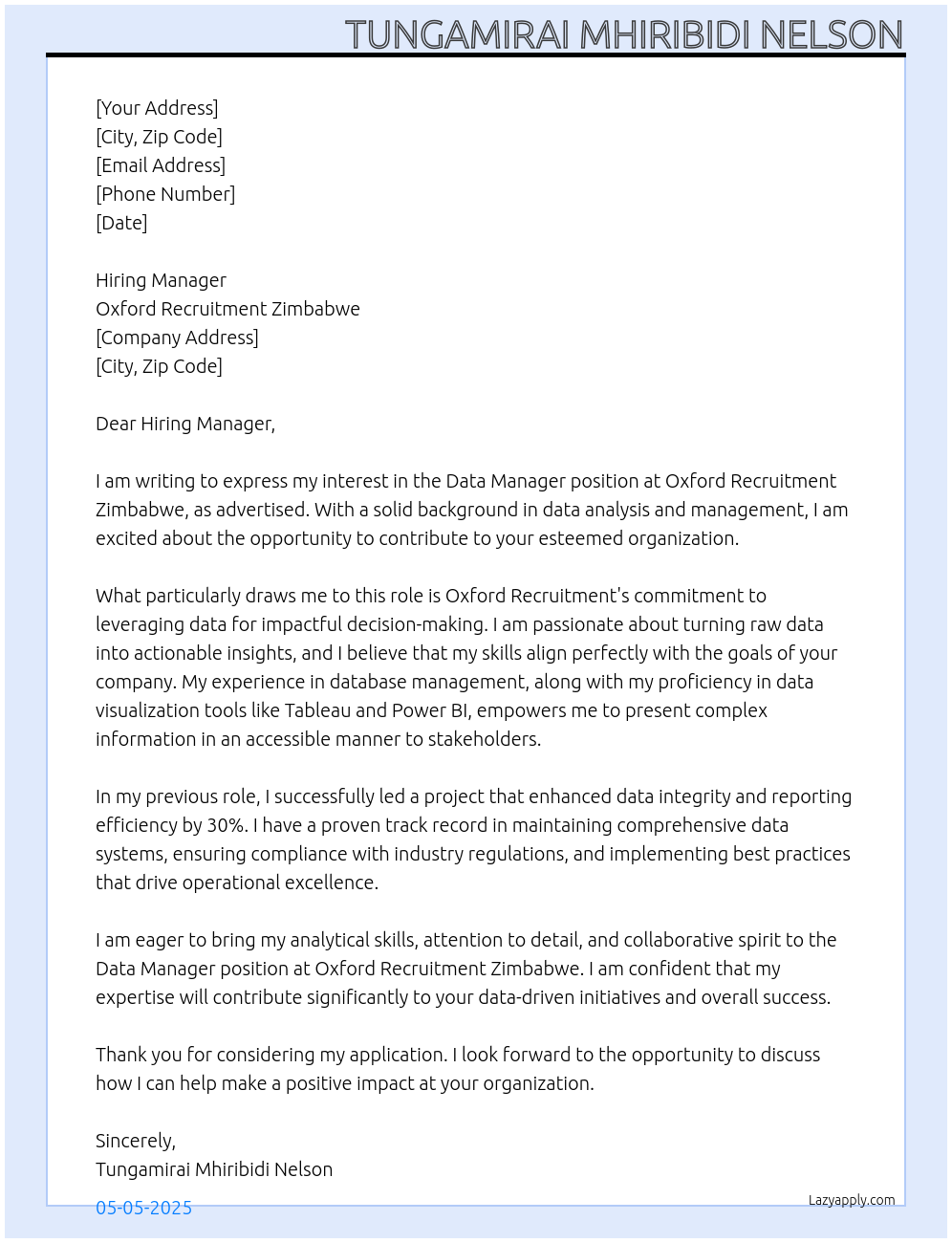 Cover letter for data manager - LazyApply