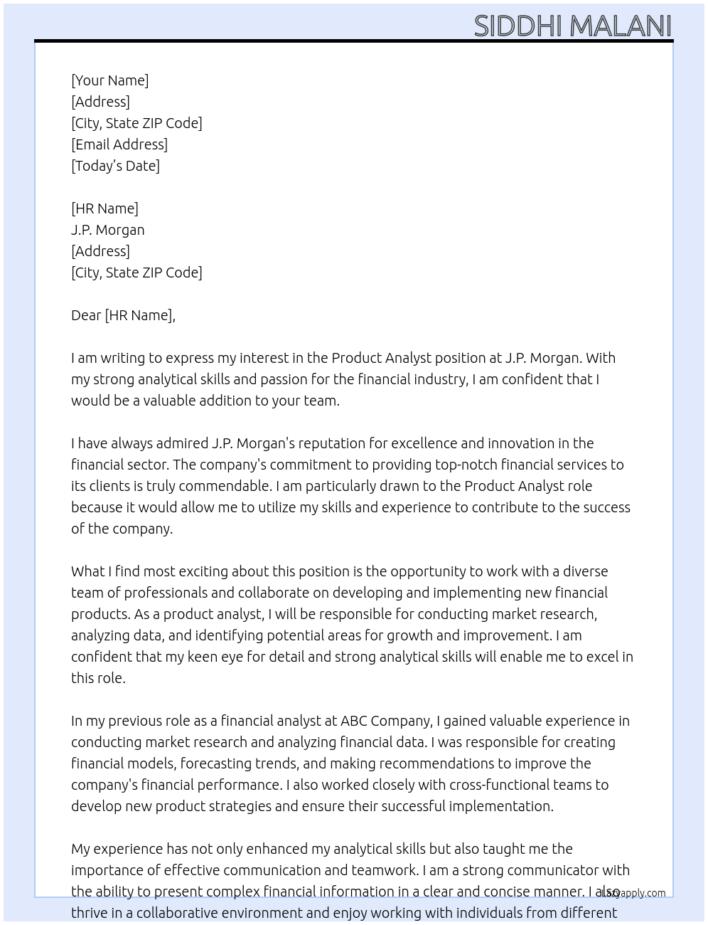 Product analyst At J.P Morgan Cover Letter