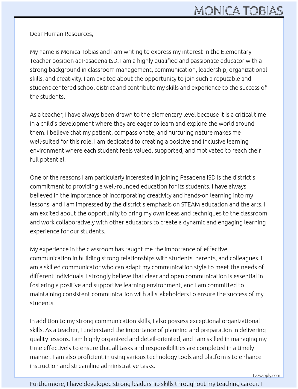 Elementary Teacher At Pasadena ISD Cover Letter