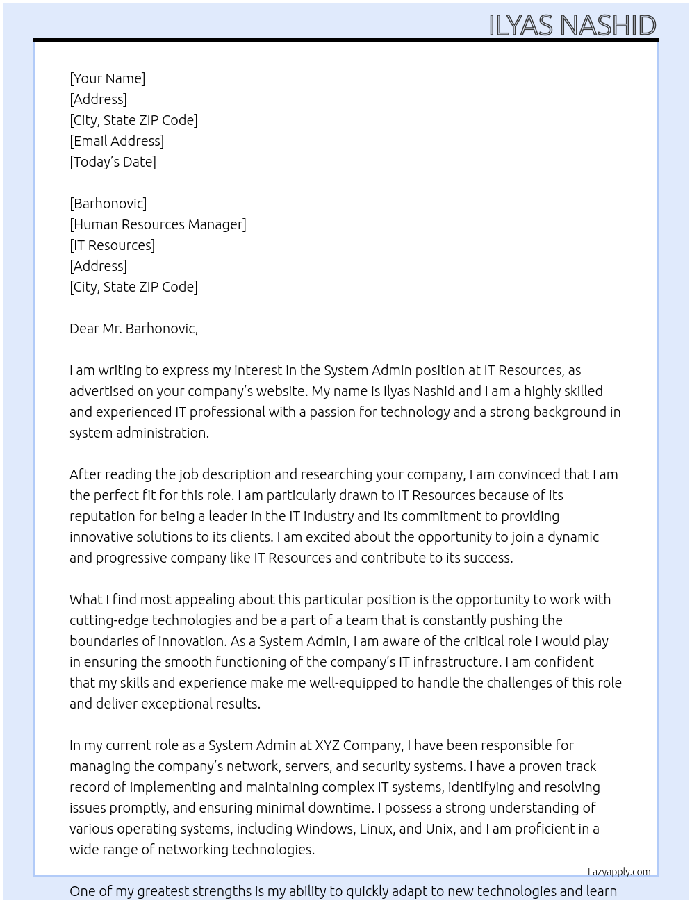 System Admin At IT Resources Cover Letter