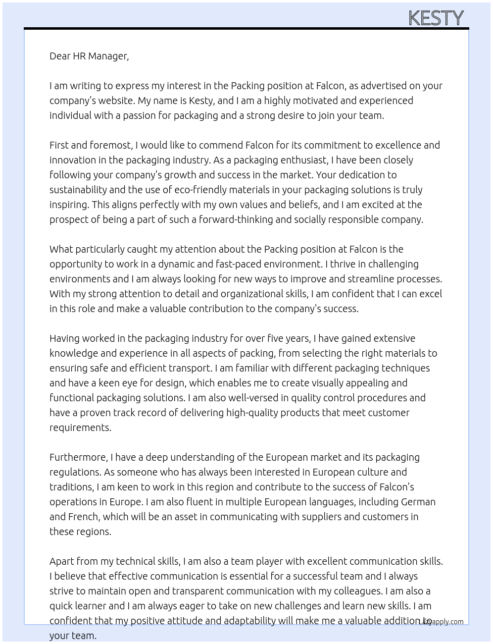 Packing At Falcon Cover Letter