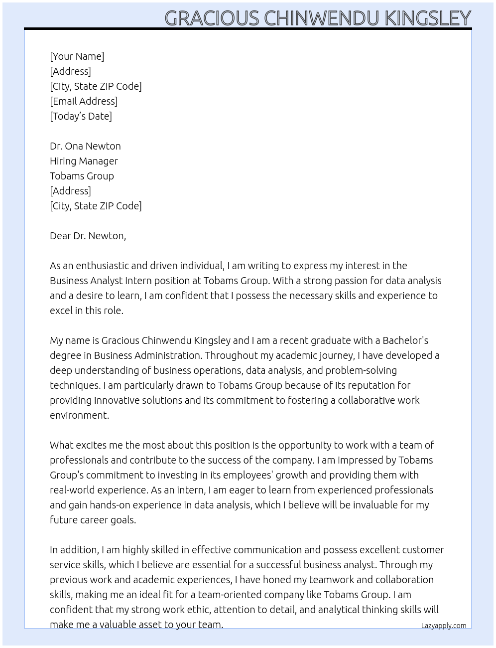 Business Analyst Intern At Tobams Group Cover Letter