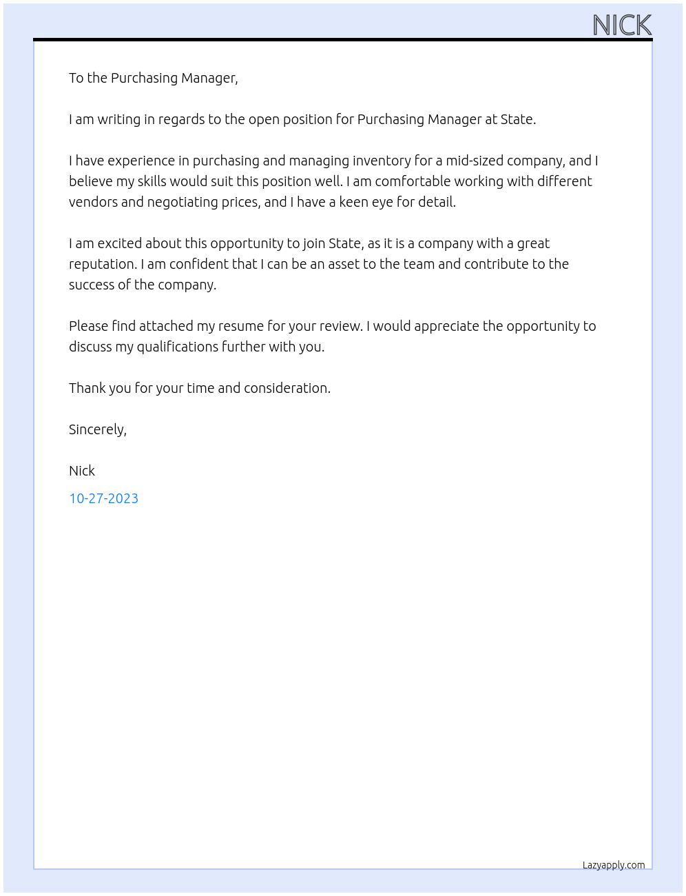 Purchasing At State Cover Letter