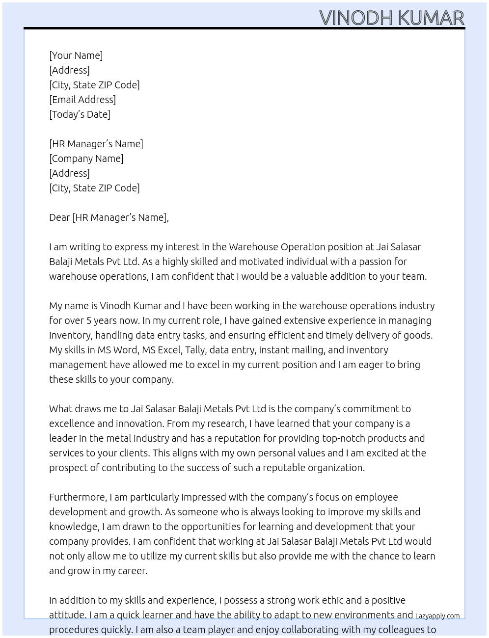 WAREHOUSE OPERATION At JAI SALASAR BALAJI METALS PVT LTD Cover Letter