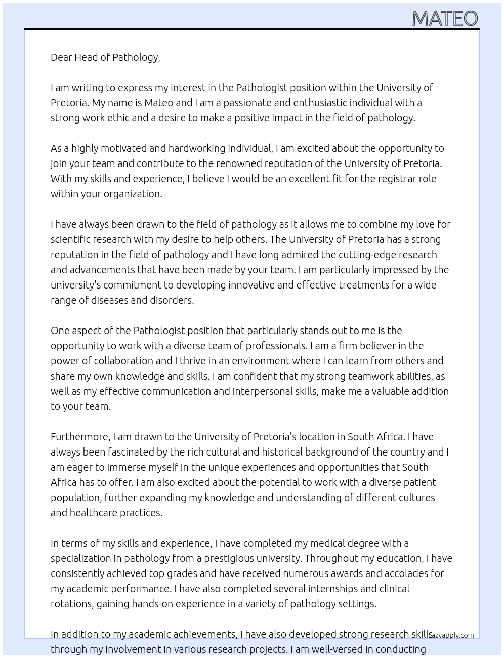 Pathologist At University of Pretoria Cover Letter