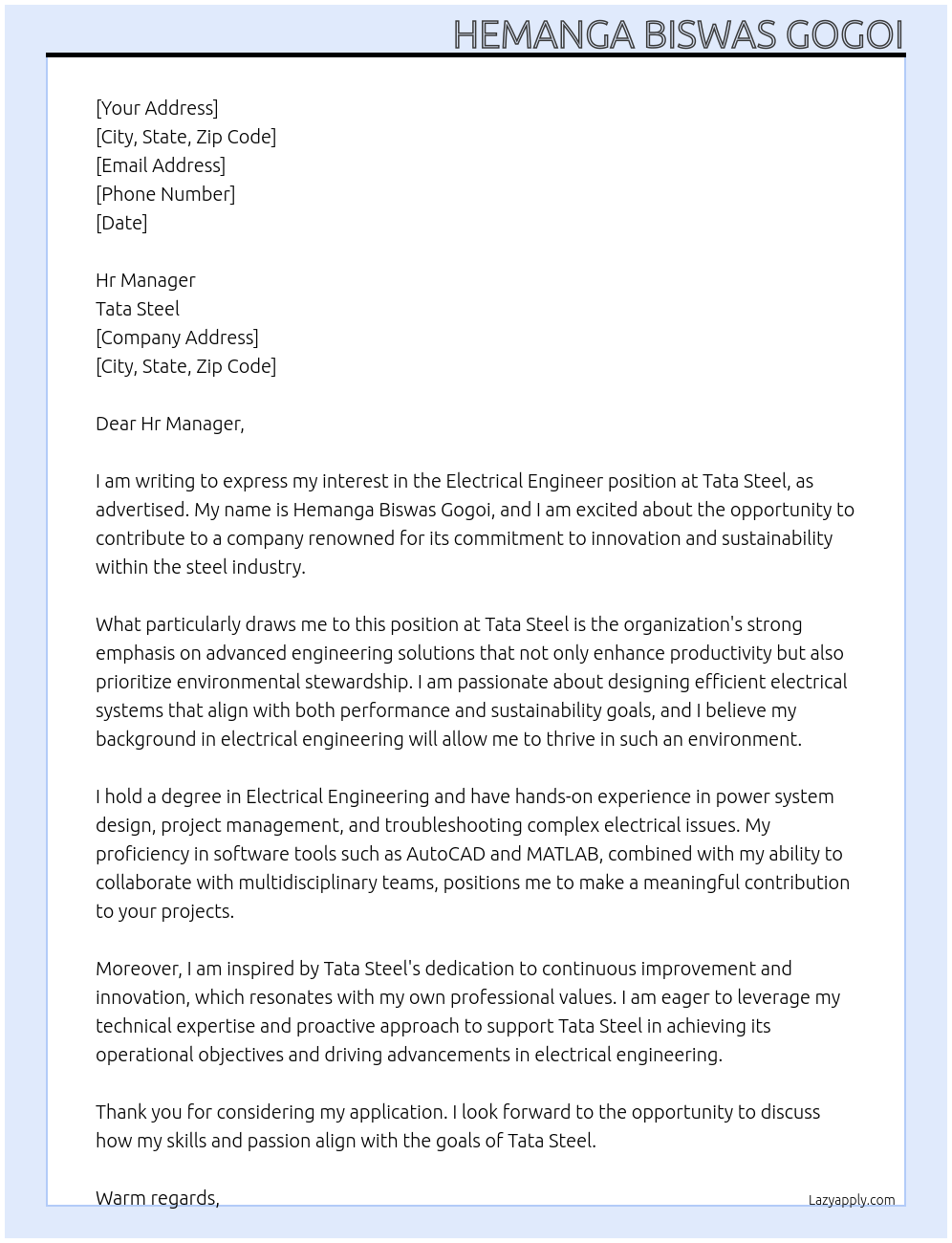 electrical engineer At Tata steel Cover Letter