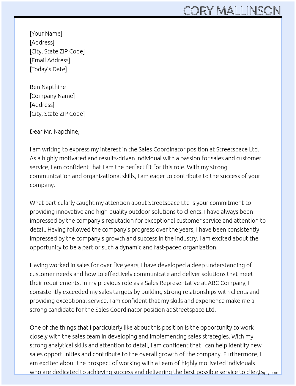 Sales Coordinator At Streetspace Ltd Cover Letter