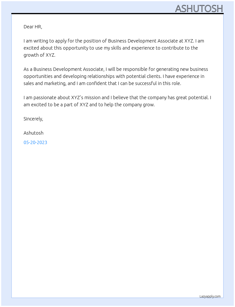 business development associate At xyz Cover Letter