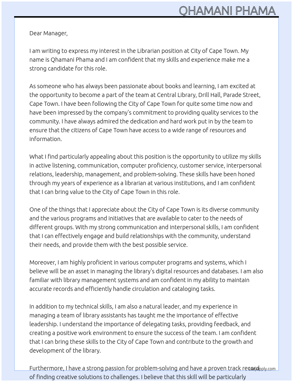 Librarian At City of Cape Town Cover Letter