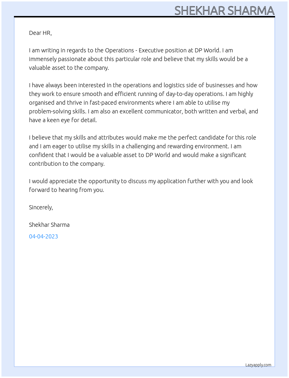 Operations - Executive At DP World Cover Letter