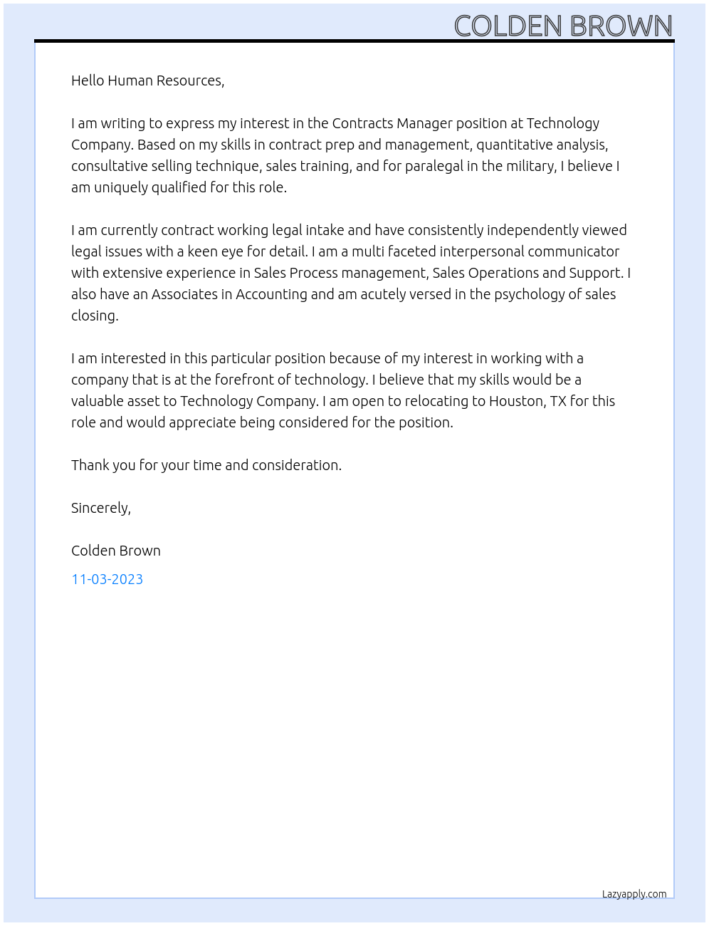 Contracts Manager At Techonology Company Cover Letter