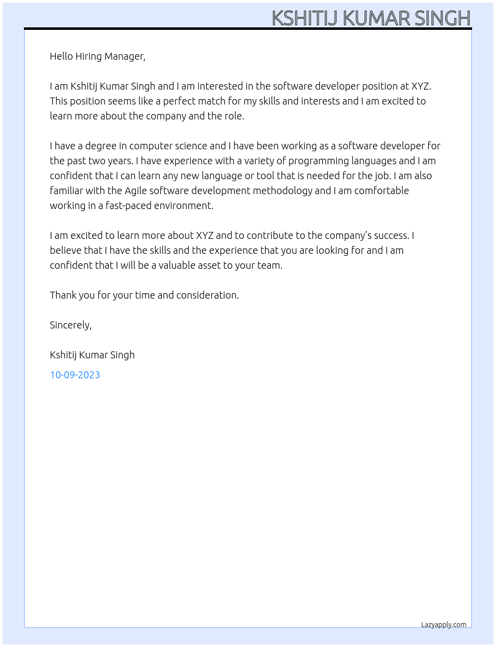 Software Devloper At XYZ Cover Letter